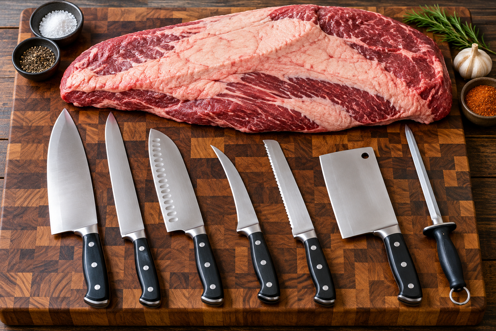 lineup of the seven butcher knives on a large end-grain cutting board next to a raw packer brisket