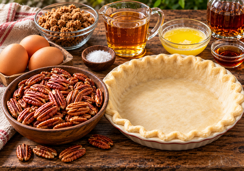Pecan halves, eggs, brown sugar, corn syrup, melted butter, and bourbon laid out next to an unbaked deep-dish crust.