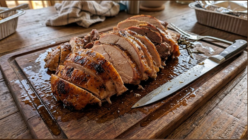 Sliced smoked turkey on a cutting board with a carving knife