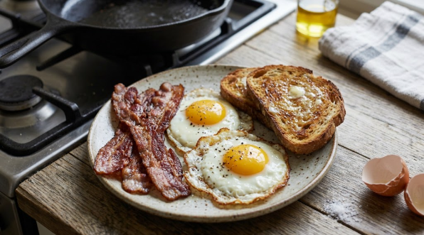 Finished plate of Blackstone bacon and eggs with golden toast