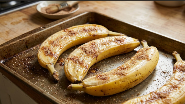 Bananas cut lengthwise in the peel, brushed with butter and sprinkled with cinnamon sugar