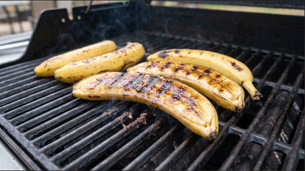 Banana halves cut side down on the grill grates with clear caramelized grill marks