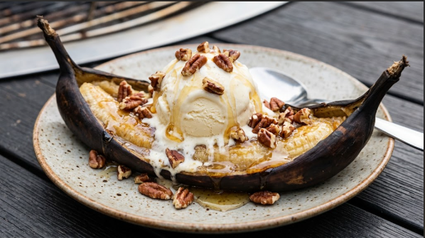 Finished grilled banana boat topped with vanilla ice cream, pecans, and honey