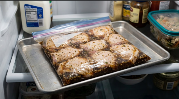 Bone-in thighs laid flat in a zip-top bag with the marinade, sitting on a tray in the fridge