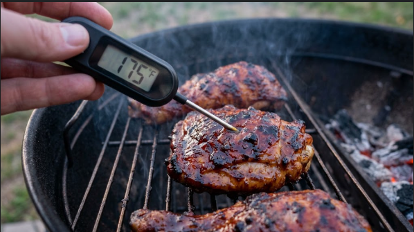 Instant-read thermometer in the thickest part of a finished thigh, with the display visible