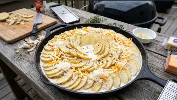 Thinly sliced potatoes layered in a cast-iron skillet with cream, garlic, and cheese