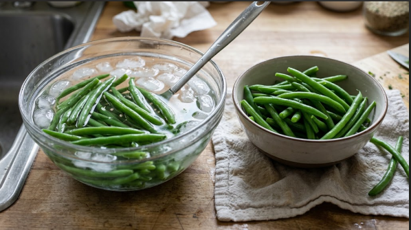 Blanched green beans in an ice bath next to a bowl of drained beans on a towel