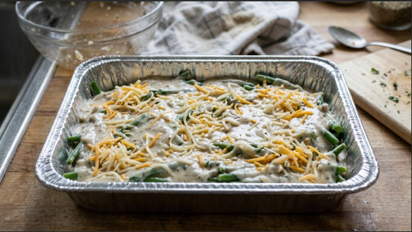  Assembled casserole in a foil pan, sauce and cheese on top, before the crispy onion topping goes on