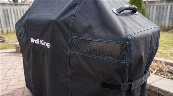 Premium 68487 cover on a Baron grill showing the mesh vent and blue stitching
