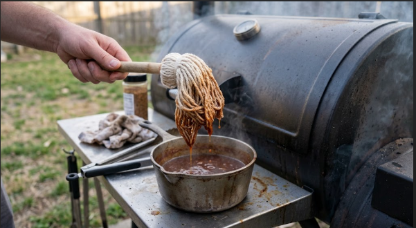 A cotton basting mop being dipped into a small pot of mop sauce next to a smoker