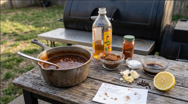 A small pot of mop sauce with the ingredients laid out beside it
