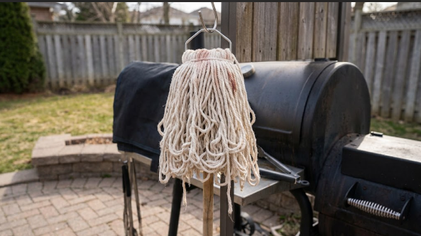 Basting mop resting on a hook beside an offset smokerBasting mop resting on a hook beside an offset smoker