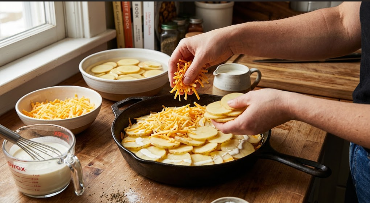 Layering potatoes, cream, and shredded cheese in a cast-iron skillet