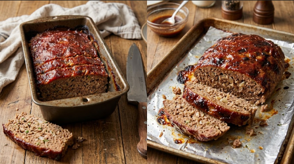 Side-by-side of a loaf-pan meatloaf and a free-form meatloaf on a sheet pan, both sliced