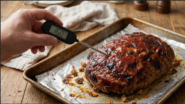  Instant-read thermometer reading 160°F in the center of a meatloaf