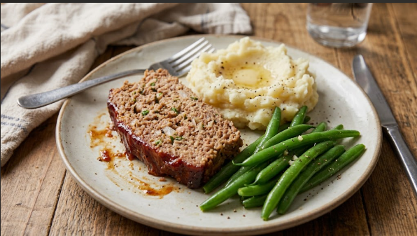 Plated meatloaf slice with mashed potatoes and green beans showing a realistic portion
