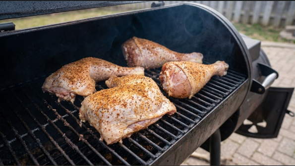 Bone-in turkey thighs and drumsticks on the smoker grate, rubbed and just starting to color