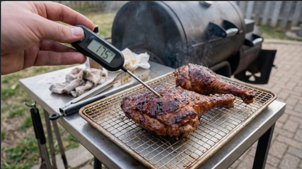 Smoked turkey thighs resting on a rack, deep mahogany color, thermometer in the thickest part