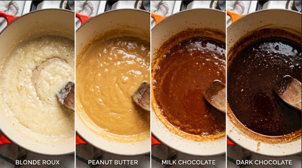 Roux progression side by side, from blonde to dark chocolate brown, in the Dutch oven