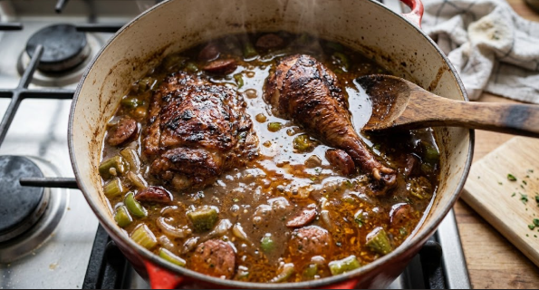 Gumbo simmering in the pot with smoked turkey nestled in and a thin sheen of oil on top
