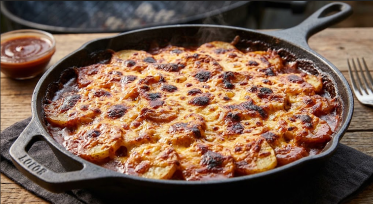 Finished BBQ au gratin potatoes with a deeply browned, bubbling cheese crust