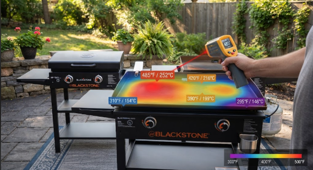 Infrared thermometer reading on a Blackstone surface, with hot and cool zones marked