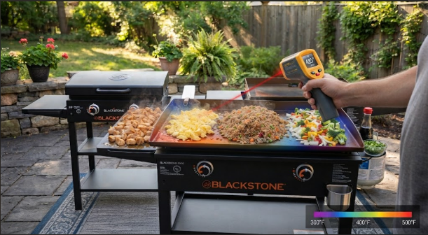 Hibachi-style chicken fried rice cooking on a Blackstone, with zones clearly separated