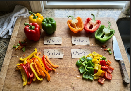 Four cut styles of bell peppers (halves, strips, whole, chunks) laid out on a cutting board