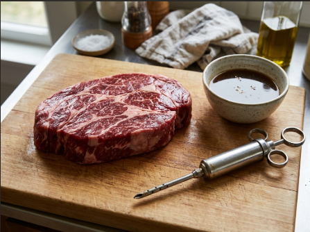 Raw trimmed 4 lb chuck roast on a cutting board next to the injector and a bowl of injection liquid