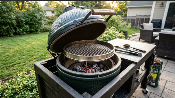 A Large Big Green Egg set up outdoors with the dome open, showing the fire ring, firebox, and cooking grid
