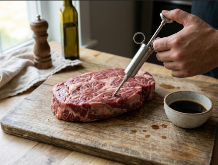 Injecting the chuck roast in a one-inch grid with the needle going in along the grain