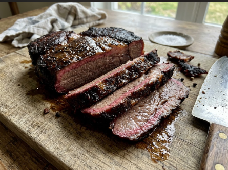 Sliced smoked chuck roast on a board showing the dark bark and juicy pink smoke ring