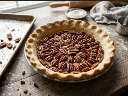 Pecans arranged in the par-baked crust right before the filling is poured in