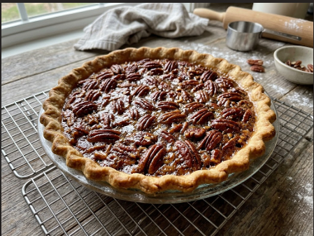  Finished pecan pie on a cooling rack with a glossy, deep-brown top and toasted pecans