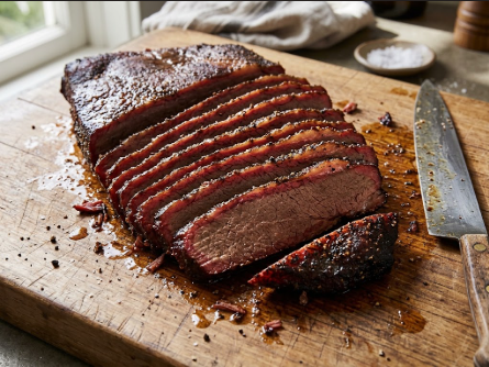 A finished brisket flat with dark mahogany bark, sliced on a cutting board