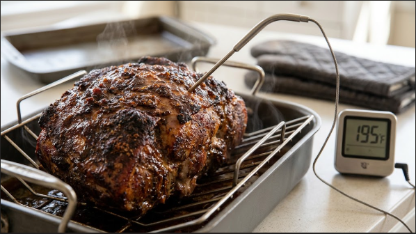 A probe thermometer in a pork shoulder showing the internal temperature reading