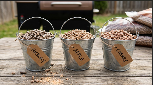 Three small buckets of Hickory, Apple, and Cherry pellets ready for blending