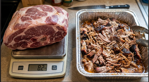 A raw bone-in pork butt on a scale showing its weight, next to the cooked pulled pork in a pan