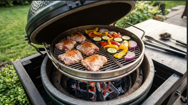 EGGspander basket with two half grids installed, one side holding chicken thighs and the other holding vegetables