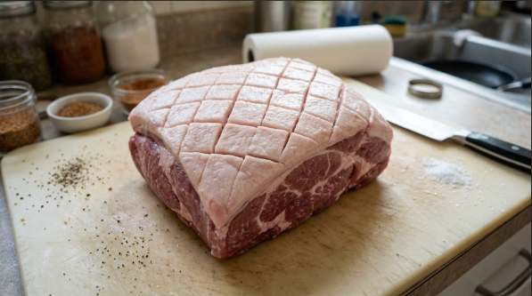 Trimmed Boston butt with fat cap scored in a diamond pattern, ready for rub