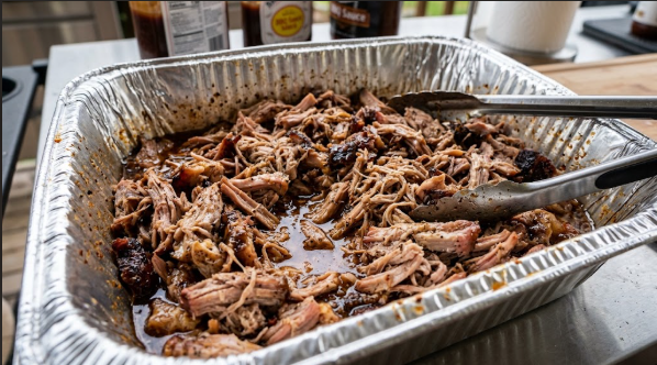  Pulled pork shredded in a foil pan with juices mixed in