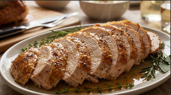 Carved dry-brined turkey breast showing juicy slices on a platter