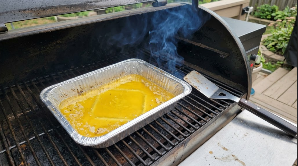Melted butter in the foil pan on the grate, with thin blue smoke rising and a spatula resting nearby