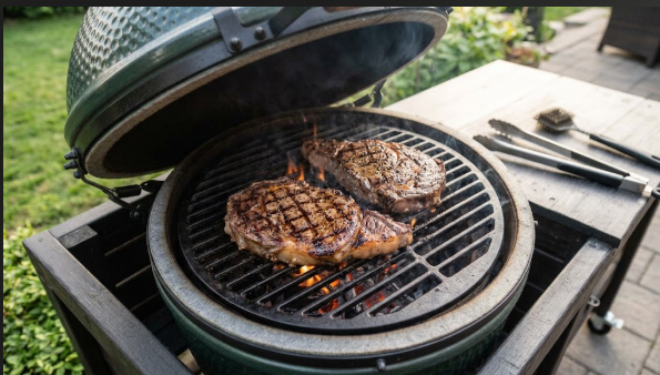 Ribeye steaks on a cast iron grid with dark crosshatch sear marks, taken just after the flip