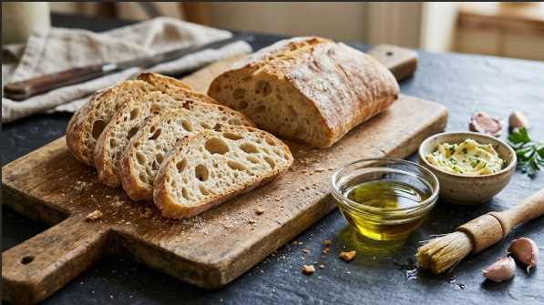 Sliced ciabatta on a cutting board next to olive oil, garlic butter, and a basting brush