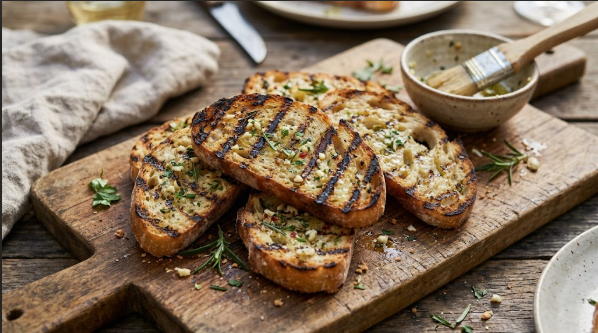 Finished grilled bread brushed with garlic butter and herbs, served on a wooden board