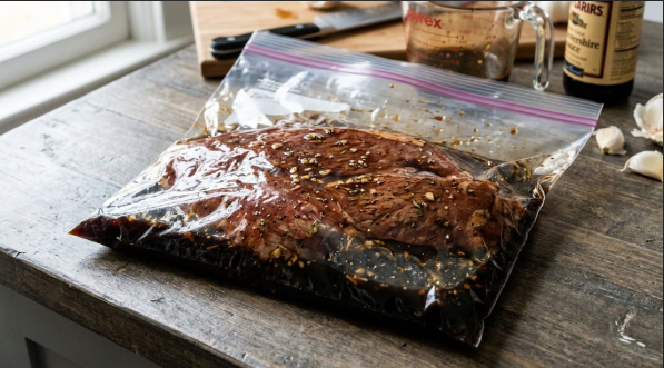  Top round London broil in a zip-top bag, fully coated in dark marinade