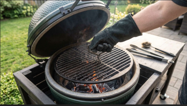 A gloved hand lifting the hot cooking grid out of the Egg using a long-cuff mitt