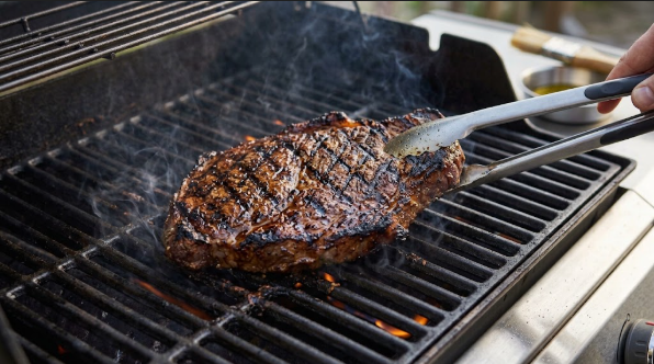  London broil searing on hot grates with a dark crust and grill marks
