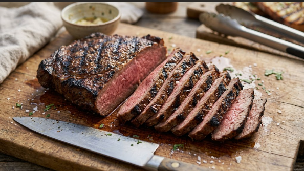 Sliced London broil fanned on a cutting board showing a pink center and the grain direction